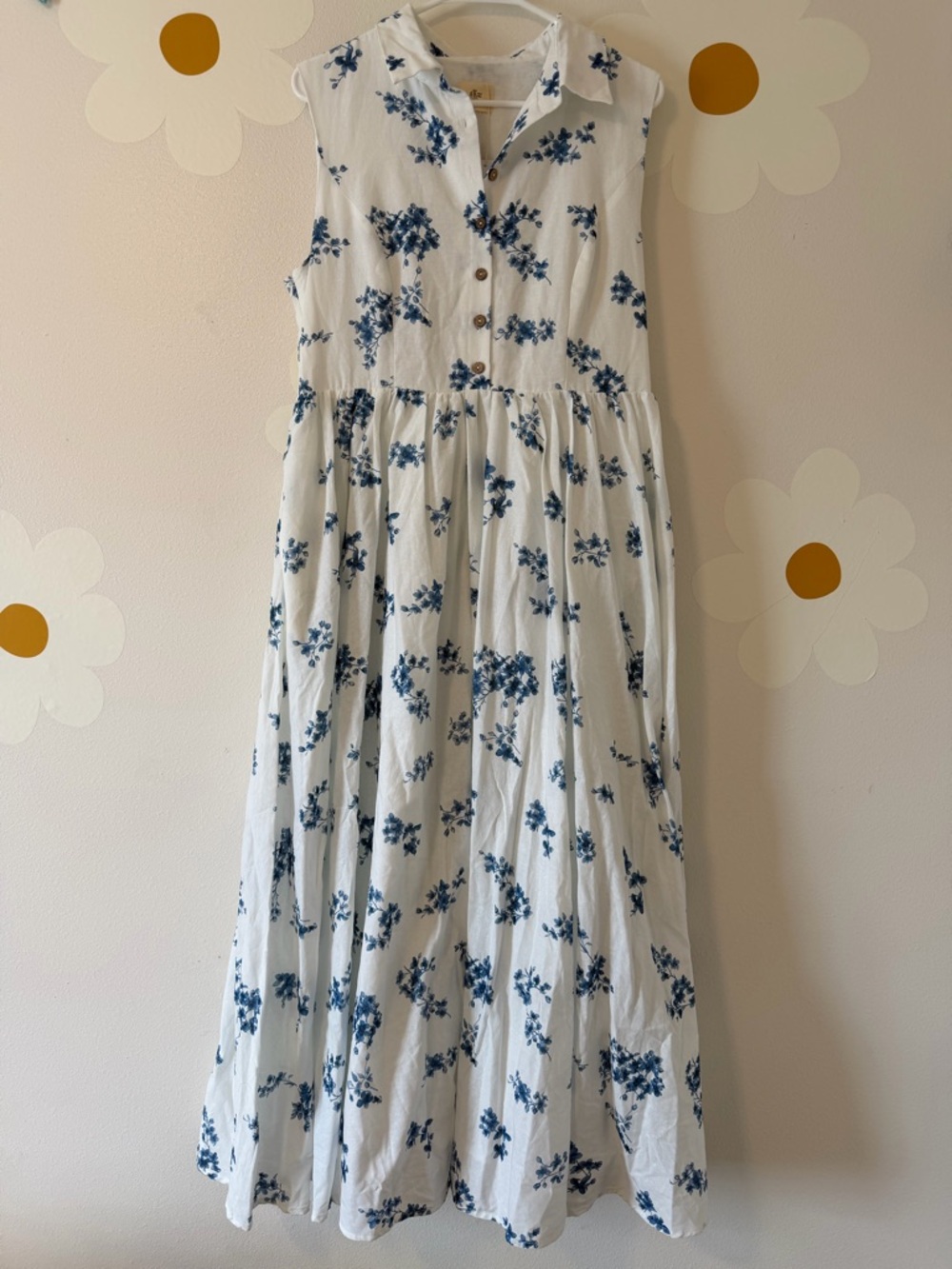 NWT Ramie Cotton Sleeveless Blue Floral Corset Buttoned Maxi Dress - Picture 5 of 15